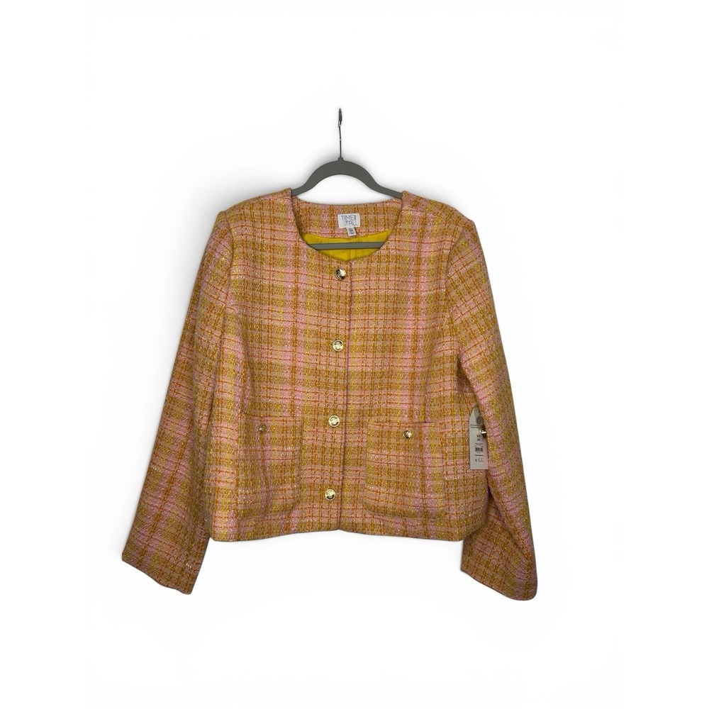 Time And Tru Tweed Jacket Womens XXL 20 Pink Yellow Gold Button Chanel Style NWT